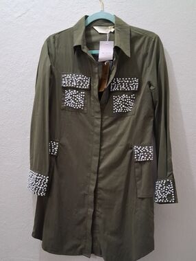 Olive Green Embellished Long Jacket Lizette Collection